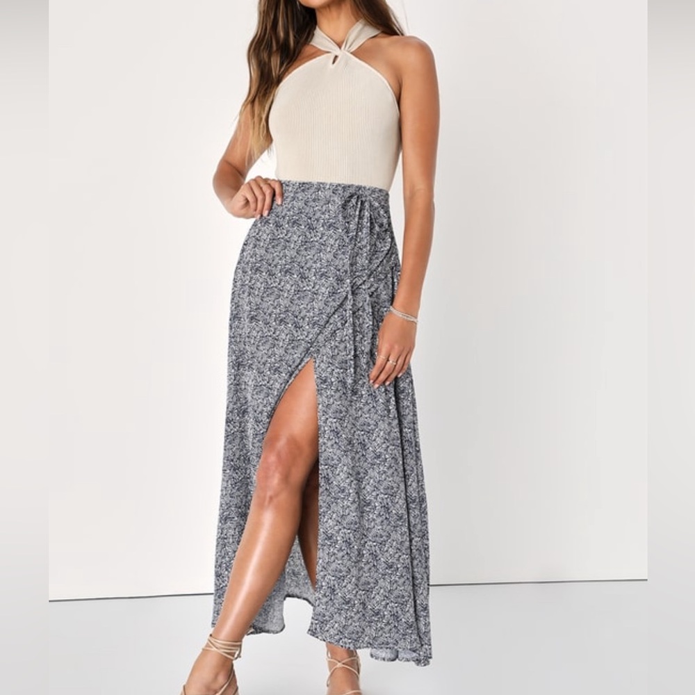 Beautiful Tempest Navy Blue Print Wrap Maxi Skirt